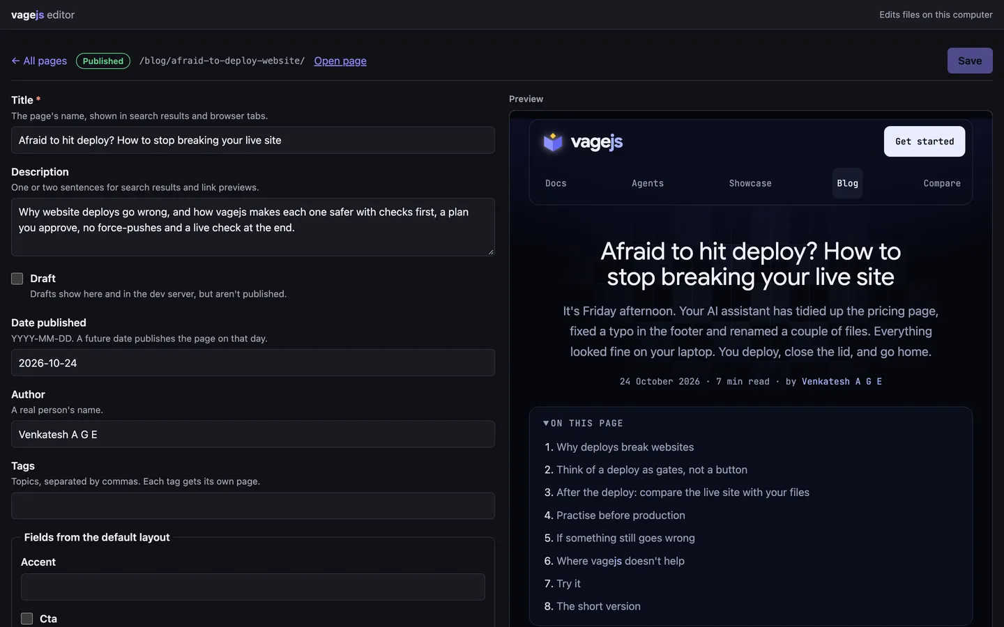 L'éditeur vagejs : le titre, la description, la date et l'auteur d'un article de blog dans un formulaire à gauche, et un aperçu en direct de la page dans le design du site à droite.