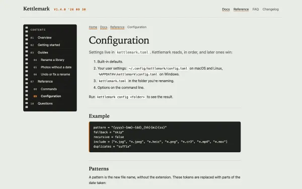 A page of the documentation example: a dark film-strip sidebar listing the docs pages, next to the Configuration page with an example settings file.